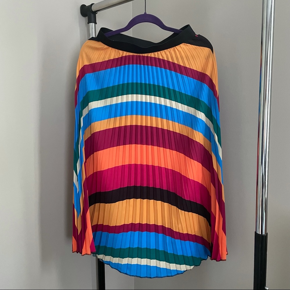Pleated Multicolor Stripe Midi Skirt - Bright Rainbow Stripes